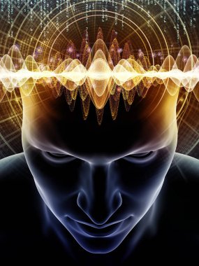 Dalgalar serisi için sorun. Tasarım projeleri için fon olarak hizmet etmek için insan kafası ve teknoloji simgeler 3D çizimi yapılan bilinç, beyin, akıl ve yapay zeka ile ilgili