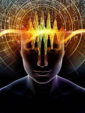 Dalgalar serisi için sorun. Arka plan kompozisyonu insan kafası ve bilinç, beyin, akıl ve yapay zeka konusunda teknoloji simgeler 3d çizimi