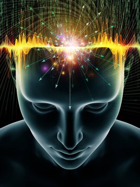 Zihin Dalgaları serisi. İnsan kafası ve teknoloji sembollerinin soyut düzenlenmesi bilinç, beyin, zeka ve yapay zeka projeleri için uygundur.