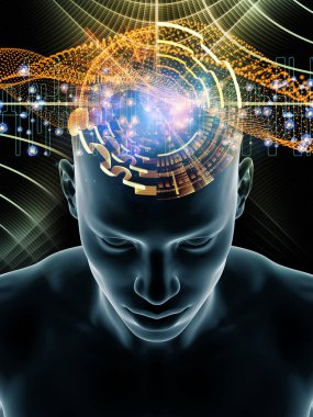 Dalgalar serisi için sorun. Soyut Tasarım insan kafası ve bilinç, beyin, akıl ve yapay zeka konusunda teknoloji simgeler 3d çizimi yapılmış