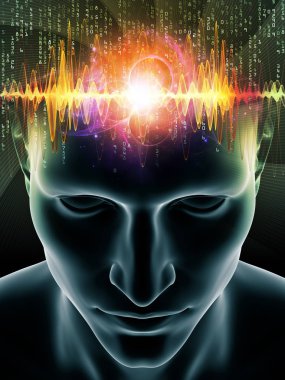 Mind Waves series. Abstract design made of 3D illustration of human head and technology symbols on the subject of consciousness, brain, intellect and artificial intelligence clipart