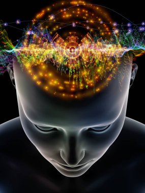 Dalgalar serisi için sorun. İnsan kafası ve bilinç, beyin, akıl ve yapay zeka konusunda teknoloji simgeler 3d çizimi fon