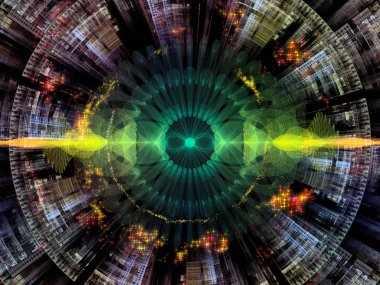 Dalga Fonksiyonu serisi. Renkli sinüs titreşimlerinden, ses eşitleyicisi, müzik spektrumu ve kuantum olasılığına uygun ışık ve fraktal elementlerden oluşan görsel çekici arkaplan