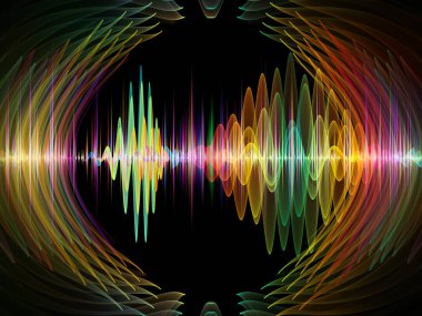 Dalga Fonksiyonu serisi. Ses eşitleyici, müzik spektrumu ve kuantum olasılığıyla ilgili projeler için arkaplan görevi görecek renkli sinüs titreşimleri, ışık ve fraktal elementlerden oluşan tasarım