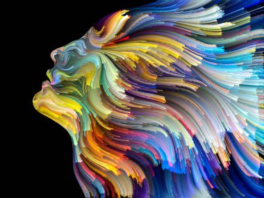 Yüz renk serisi. Zemin tasarımı insan profili ve boya işleri yaratıcılık, tasarım, iç dünya, insan doğası ve sanatsal ruhu için hareketli renkli çizgiler