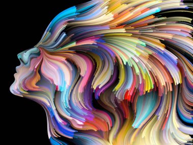 Renk serisinin yüzü. Yaratıcılık, tasarım, iç dünya, insan doğası ve sanatsal ruh projeleri için uygun bir zemin olarak insan profili ve renkli renkli boya çizgileri.