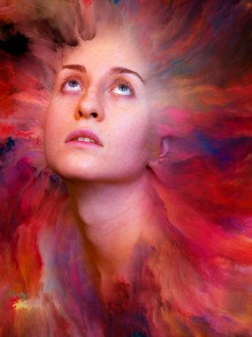 İç dış serisi. Mecazi ilişki duygular, duygular, iç dünya, yaratıcılık ve hayal gücü ile canlı boya ile kadın portre bileşimi erimiş