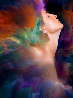 Dünya serisi. Kadın portresinin arka planı duygular, duygular, iç dünya, yaratıcılık ve hayal gücü üzerine canlı boyalar ile kaynaştırılmış.