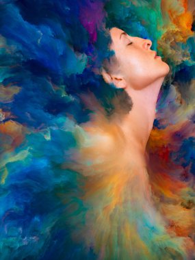 Dünya serisi. Kadın portresinin arka planı duygular, duygular, iç dünya, yaratıcılık ve hayal gücü üzerine canlı boyalar ile kaynaştırılmış.