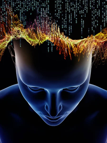 Mind Waves series. Backdrop of  3D illustration of human head and technology symbols to complement your design on the subject of consciousness, brain, intellect and artificial intelligence