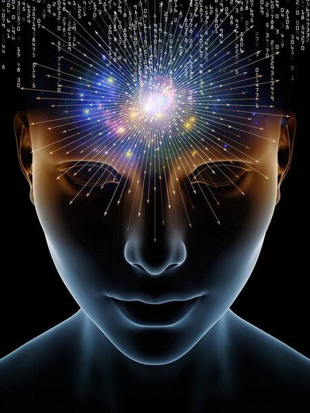 Mind Waves series. Graphic composition of 3D illustration of human head and technology symbols  for subject of consciousness, brain, intellect and artificial intelligence