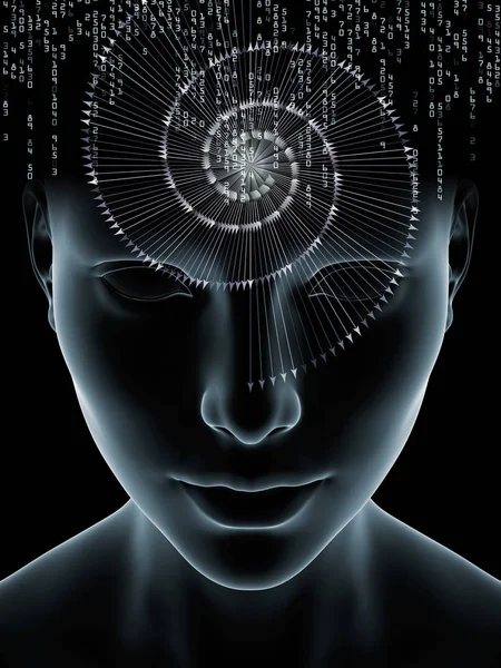 Mind Waves series. Composition of 3D illustration of human head and technology symbols on the subject of consciousness, brain, intellect and artificial intelligence