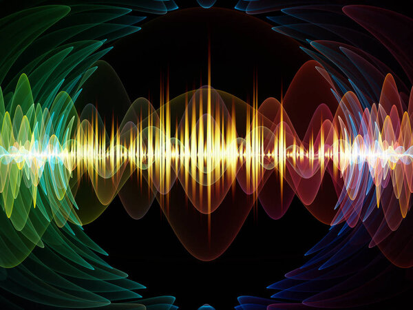 Серия Wave Function. Конструкция фона цветных синусовых вибраций, светлых и фрактальных элементов для иллюстраций на звуковых эквалайзерах, музыкальном спектре и квантовой вероятности
