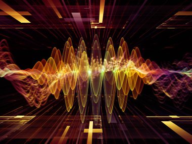 Dalga Fonksiyonu serisi. Ses eşitleyici, müzik spektrumu ve kuantum olasılığının metaforu olarak renkli sinüs titreşimleri, ışık ve fraktal elementlerden oluşan tasarım