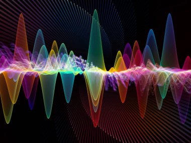 Dalga Fonksiyonu serisi. Ses eşitleyici, müzik spektrumu ve kuantum olasılığı üzerine renkli sinüs titreşimleri, ışık ve fraktal elementlerin arkaplanı