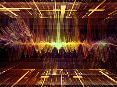 Dalga Fonksiyonu serisi. Ses eşitleyici, müzik spektrumu ve kuantum olasılığının metaforu olarak renkli sinüs titreşimleri, ışık ve fraktal elementlerden oluşan tasarım