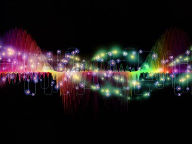 Dalga fonksiyonu serisi. Renkli sinüs titreşimlerin yaratıcı düzenleme, ışık ve fraktal elemanları kavramı mecaz ses ekolayzer, konuyla ilgili olarak müzik spektrum ve kuantum olasılık