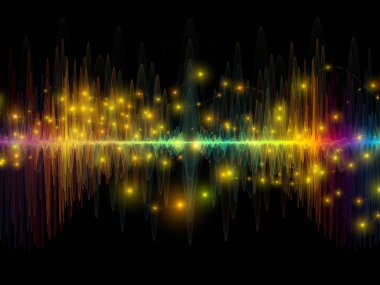 Dalga Fonksiyonu serisi. Ses eşitleyici, müzik spektrumu ve kuantum olasılığının metaforu olarak renkli sinüs titreşimleri, ışık ve fraktal elementlerden oluşan tasarım