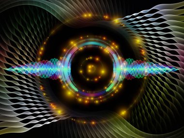 Dalga Fonksiyonu serisi. Ses eşitleyici, müzik spektrumu ve kuantum olasılığı üzerine renkli sinüs titreşimleri, ışık ve fraktal elementlerin arkaplanı