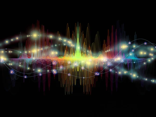 波函数系列 彩色正弦振动 光和分形元素作为概念隐喻的创造性安排声音均衡器 音乐谱和量子概率主题 — 图库照片