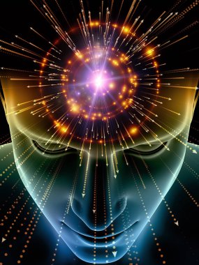 Zihin dizi elemanları. insan kafası ve sembolleri bilim, eğitim ve zihin gücü konusunda teknolojinin 3D çizimi