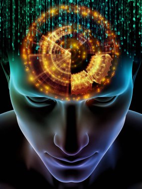 Zihin dizi elemanları. insan kafası ve sembolleri bilim, eğitim ve zihin gücü konusunda teknolojinin 3D çizimi