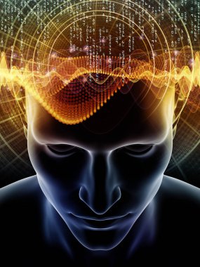 Dalgalar serisi için sorun. İnsan kafası ve bilinç, beyin, akıl ve yapay zeka konusunda teknoloji simgeler 3d çizimi fon