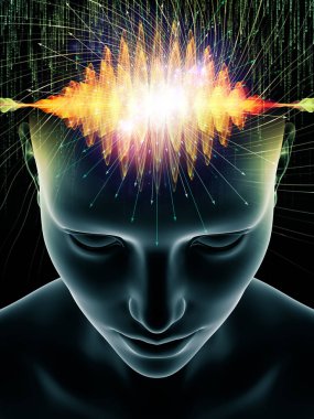 Dalgalar serisi için sorun. İnsan kafası ve teknoloji sembolleri bilinç, beyin, akıl ve yapay zeka ile ilgili projelerde uygun 3d çizimi soyut kompozisyon