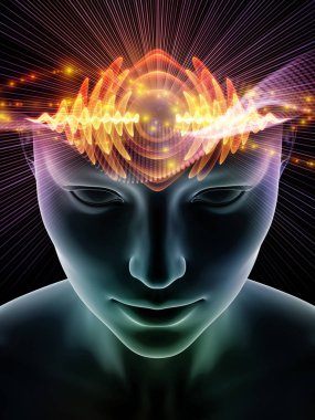 Dalgalar serisi için sorun. İnsan kafası ve teknoloji sembolleri uygun bir zemin olarak bilinç, beyin, akıl ve yapay zeka üzerinde projeler için 3d çizimi bileşimi