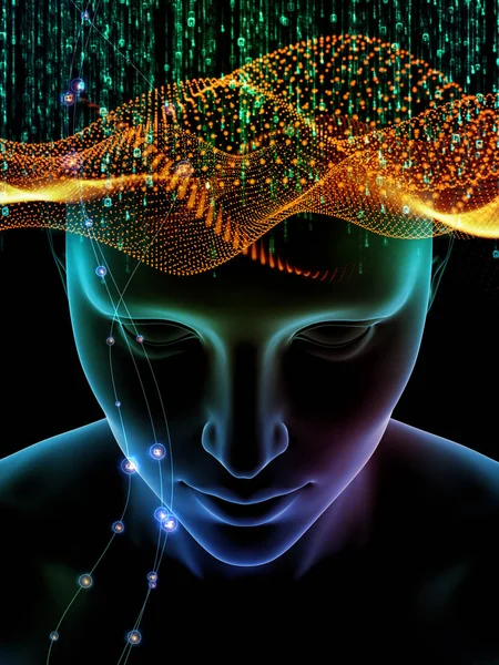 Zihin dizi elemanları. insan kafası ve sembolleri bilim, eğitim ve zihin gücü konusunda teknolojinin 3D çizimi