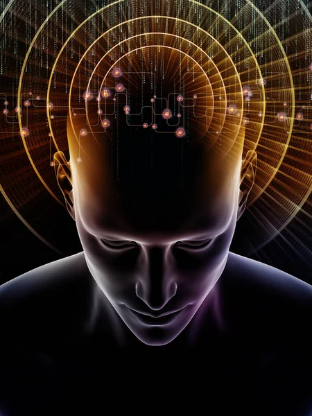 Dalgalar serisi için sorun. İnsan kafası ve bilinç, beyin, akıl ve yapay zeka konusunda teknoloji simgeler 3d çizimi fon