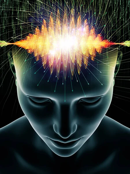 Dalgalar serisi için sorun. İnsan kafası ve teknoloji sembolleri bilinç, beyin, akıl ve yapay zeka ile ilgili projelerde uygun 3d çizimi soyut kompozisyon