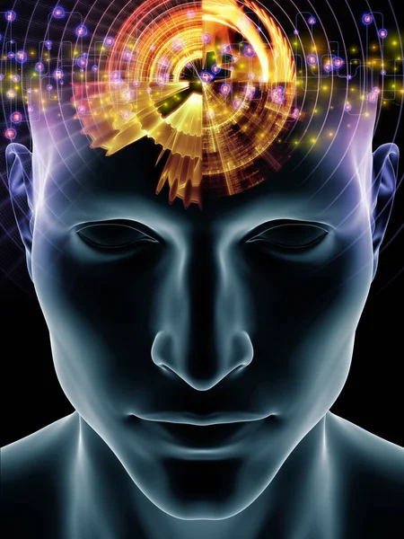 心波系列 人类头部3D 插图的构成和技术符号适合于意识 智力和人工智能项目的背景 — 图库照片