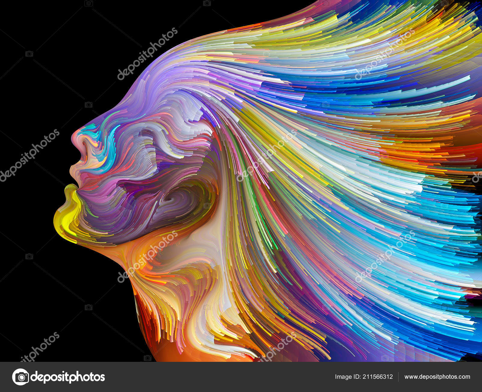 Face Color Series Arrangement Human Profile Colorful Lines Moving Face Color Series Arrangement Human Profile Colorful Lines Moving Paint Stock Photo