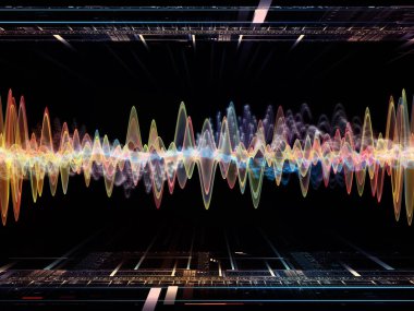 Dalga Fonksiyonu serisi. Ses eşitleyici, müzik spektrumu ve kuantum olasılığının metaforu olarak renkli sinüs titreşimleri, ışık ve fraktal elementlerden oluşan tasarım