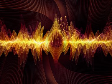 Dalga Fonksiyonu serisi. Ses eşitleyici, müzik spektrumu ve kuantum olasılığı üzerine renkli sinüs titreşimleri, ışık ve fraktal elementlerin arkaplanı