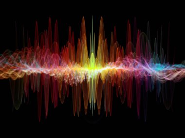 Dalga Fonksiyonu serisi. Ses eşitleyici, müzik spektrumu ve kuantum olasılığı üzerine renkli sinüs titreşimleri, ışık ve fraktal elementlerin arkaplanı