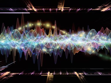 Dalga fonksiyonu serisi. Zemin oluşan renkli sinüs titreşimleri, ışık ve fraktal öğeleri ve ses ekolayzer, projelerde kullanıma uygun müzik spektrum ve kuantum olasılık