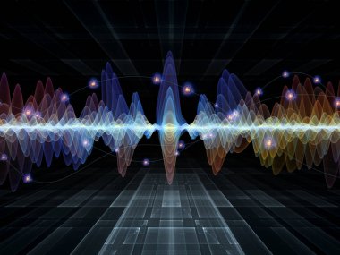 Wave Function series. Backdrop of  colored sine vibrations, light and fractal elements to complement your design on the subject of sound equalizer, music spectrum and  quantum probability