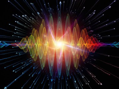 Dalga fonksiyonu serisi. Renkli sinüs titreşimler arka plan kompozisyon, ışık ve fraktal öğeleri ses ekolayzer, konu üzerinde müzik spektrum ve kuantum olasılık