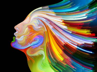 Renk serisinin yüzü. İnsan profilinin düzenlenmesi ve yaratıcılık, tasarım, iç dünya, insan doğası ve sanatsal ruh konularında renkli çizgiler