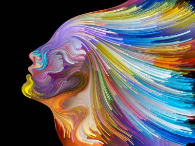 Renk serisinin yüzü. İnsan profilinin düzenlenmesi ve yaratıcılık, tasarım, iç dünya, insan doğası ve sanatsal ruh konularında renkli çizgiler