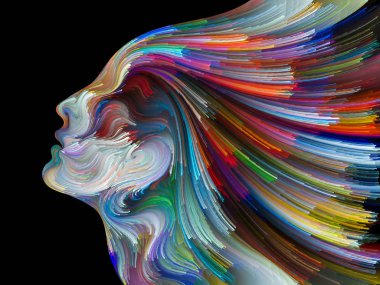 Renk serisinin yüzü. İnsan profilinin düzenlenmesi ve yaratıcılık, tasarım, iç dünya, insan doğası ve sanatsal ruh konularında renkli çizgiler