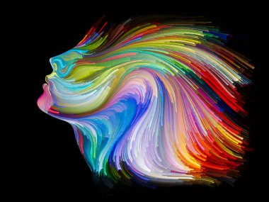 Yüz renk serisi. İnsan profili ve yaratıcılık, tasarım, iç dünya, içgüdü ve sanatsal ruh konusunda boya hareketli renkli çizgiler bileşimi