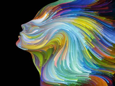 Yüz renk serisi. İnsan profili ve yaratıcılık, tasarım, iç dünya, içgüdü ve sanatsal ruh konusunda boya hareketli renkli çizgiler bileşimi