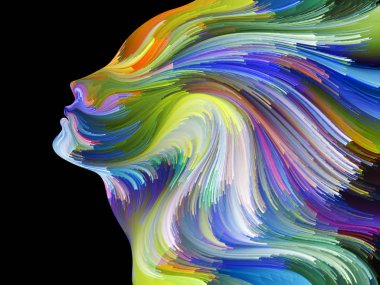 Yüz renk serisi. İnsan profili ve yaratıcılık, tasarım, iç dünya, içgüdü ve sanatsal ruh konusunda boya hareketli renkli çizgiler bileşimi