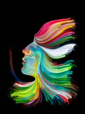 Yüz renk serisi. İnsan profili ve yaratıcılık, tasarım, iç dünya, içgüdü ve sanatsal ruh konusunda boya hareketli renkli çizgiler bileşimi