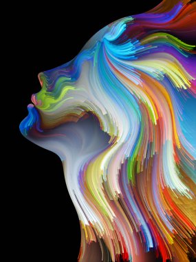 Yüz renk serisi. Zemin insan profili ve yaratıcılık, tasarım, iç dünya, içgüdü ve sanatsal ruh konusunda boya hareketli renkli çizgiler