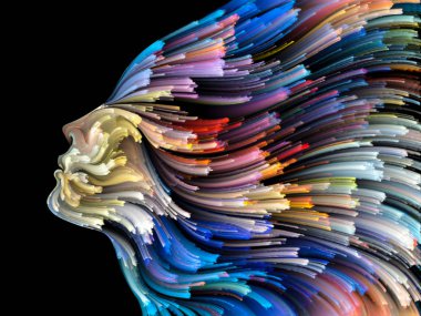 Renk serisinin yüzü. Yaratıcılık, tasarım, iç dünya, insan doğası ve sanatsal ruh projeleri için uygun bir zemin olarak insan profili ve renkli renkli boya çizgileri.