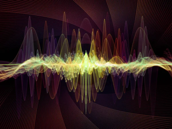 Dalga Fonksiyonu serisi. Ses eşitleyici, müzik spektrumu ve kuantum olasılığı üzerine renkli sinüs titreşimleri, ışık ve fraktal elementlerin arkaplanı